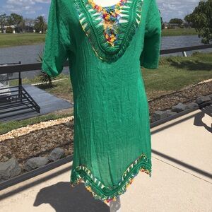 SHEIN Emerald Green Crochet Textured V-Neck Beachwear Boho Coverup Dress SZ M